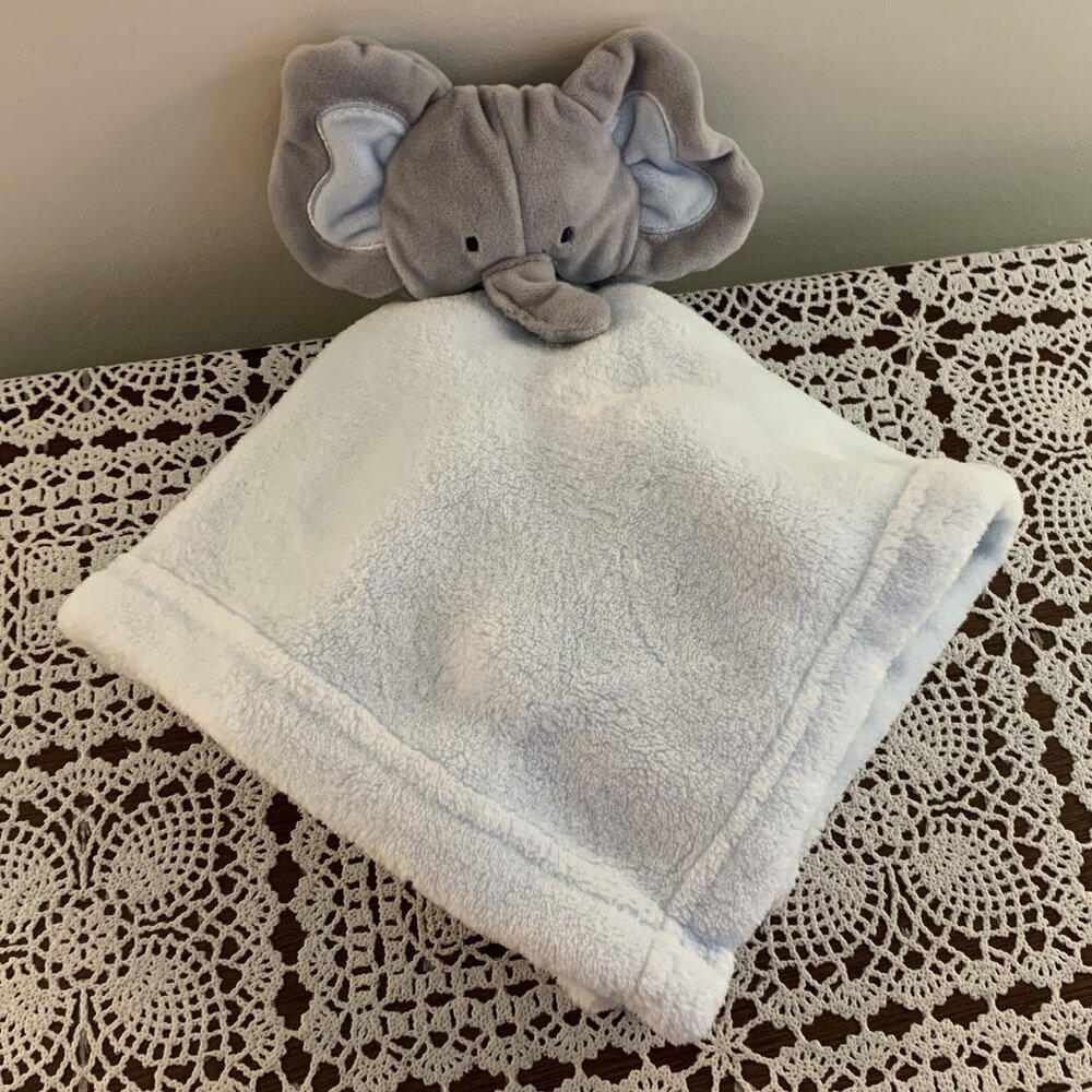 Blue Elephant Lovey Security Blankie Baby Blanket Soothing Toy 14 Inch Gray